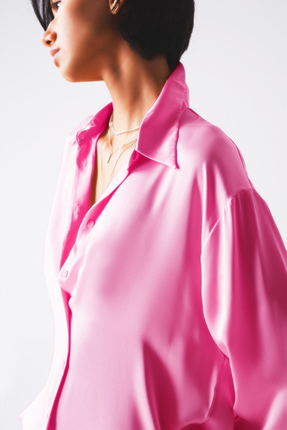 Q2 Shirts Long sleeve satin button front shirt in pink