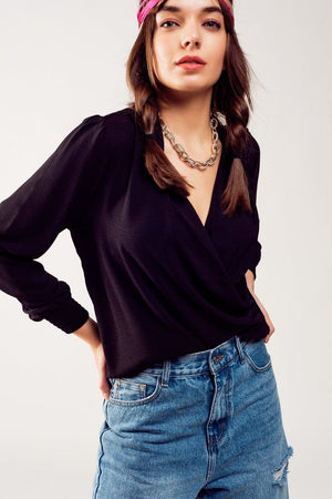 Q2 Shirts Long sleeved wrap satin blouse in black