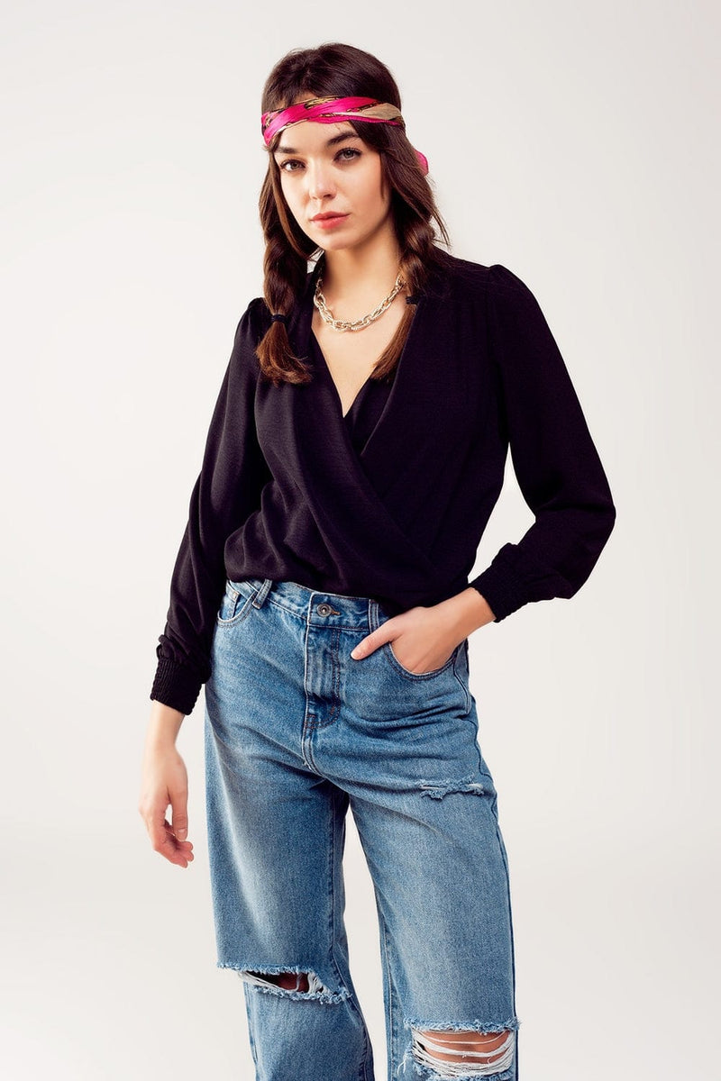 Q2 Shirts Long sleeved wrap satin blouse in black