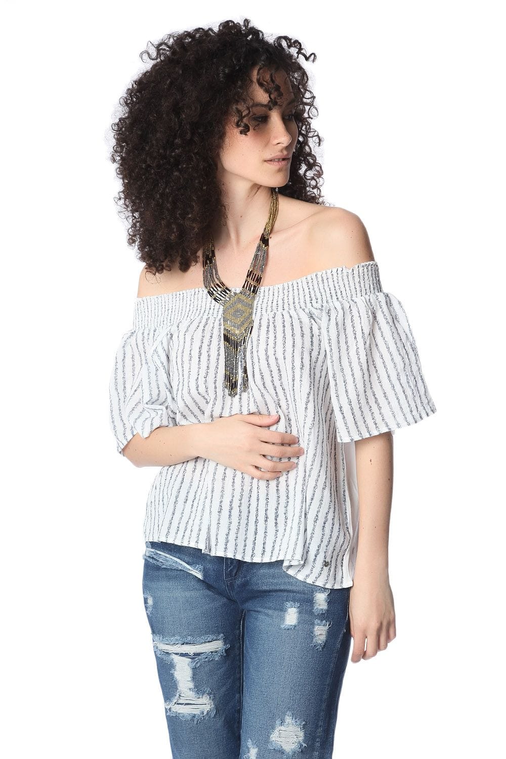 Q2 Shirts Navy boho off the shoulder top