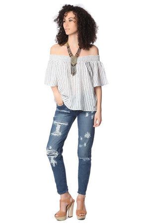 Q2 Shirts Navy boho off the shoulder top