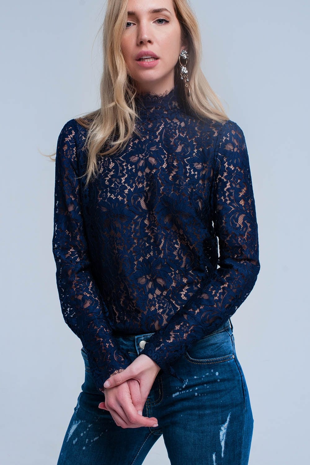 Q2 Shirts Navy transparent lace shirt
