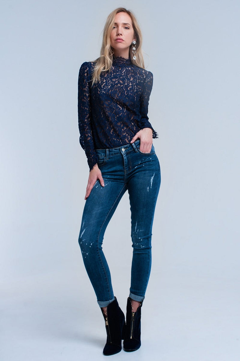 Q2 Shirts Navy transparent lace shirt