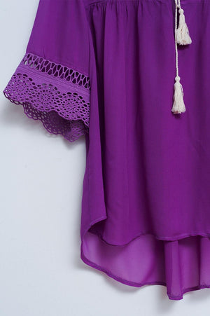 Q2 Shirts One Size / Purple / China Broderie tie front blouse in purple