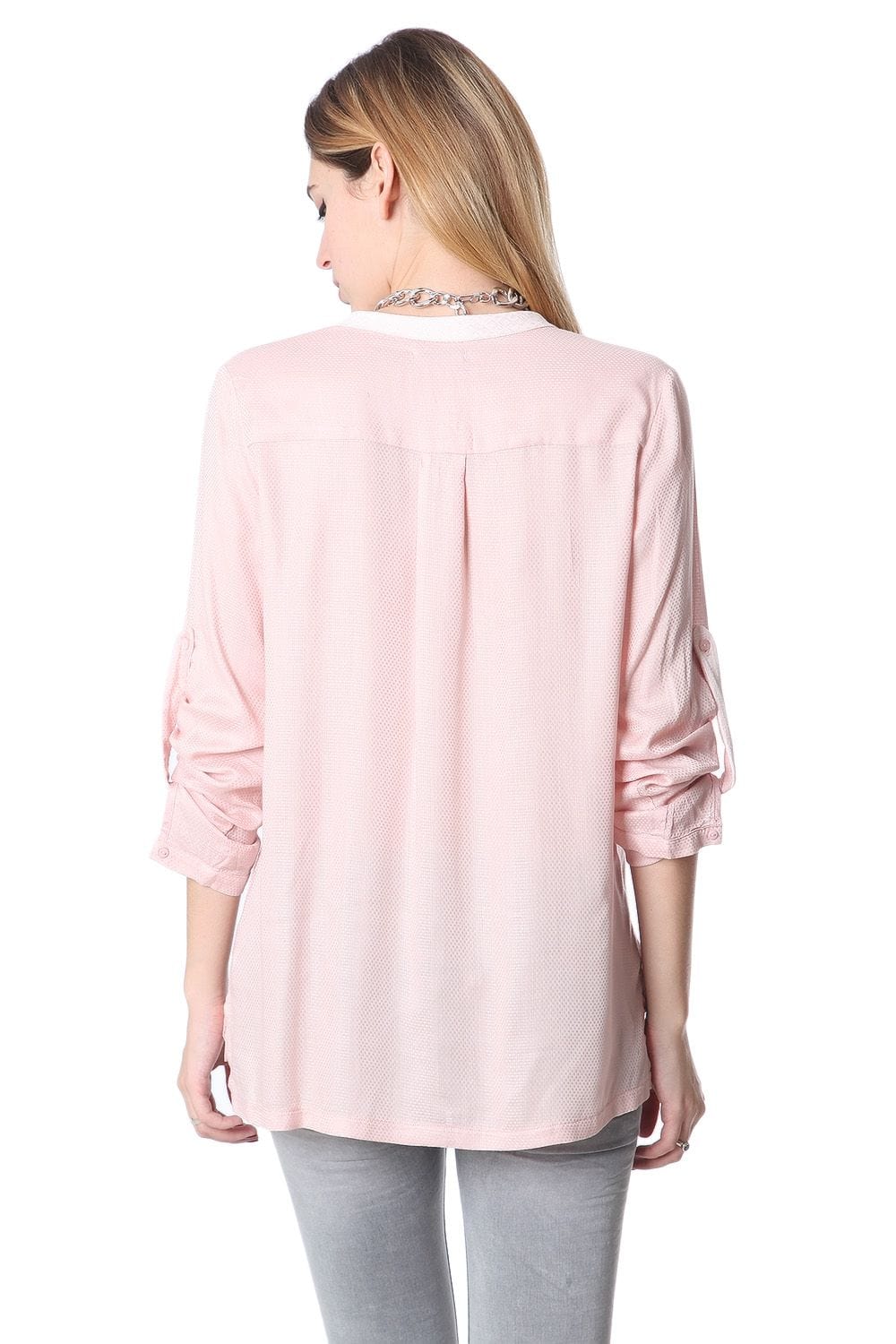 Q2 Shirts Pink long sleeve deep V neck blouse