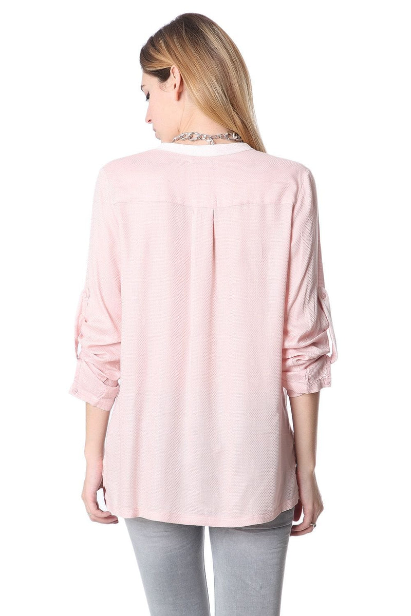 Q2 Shirts Pink long sleeve deep V neck blouse