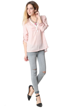 Q2 Shirts Pink long sleeve deep V neck blouse