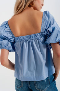 Q2 Shirts Poplin balloon sleeve top in blue