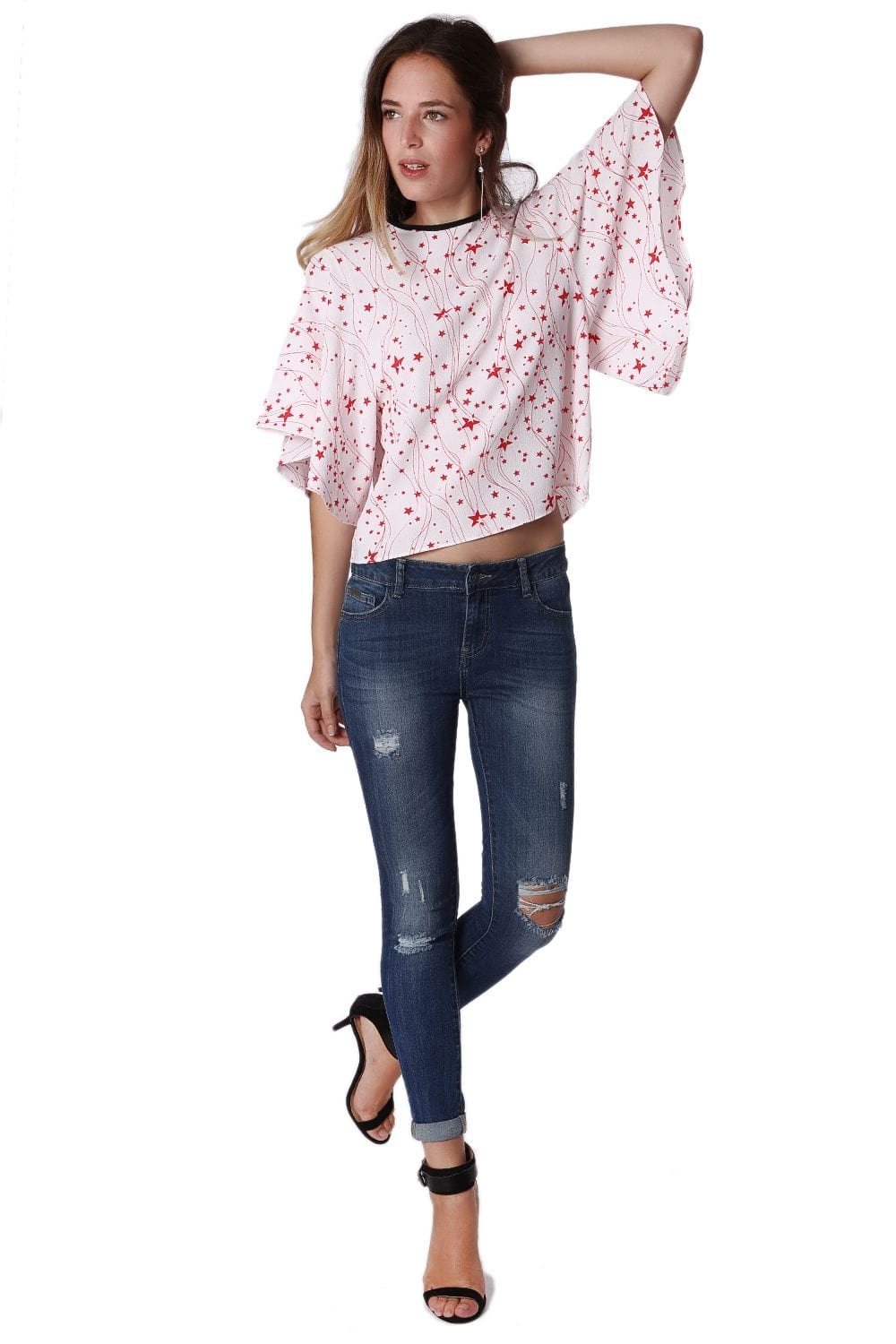 Q2 Shirts Relaxed Angel Sleeve Top In Black Star Print
