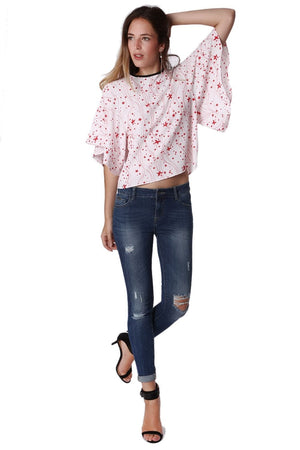 Q2 Shirts Relaxed Angel Sleeve Top In Black Star Print