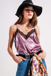 Q2 Shirts Satin & lace cami in lilac