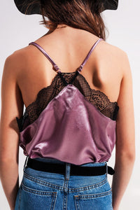 Q2 Shirts Satin & lace cami in lilac