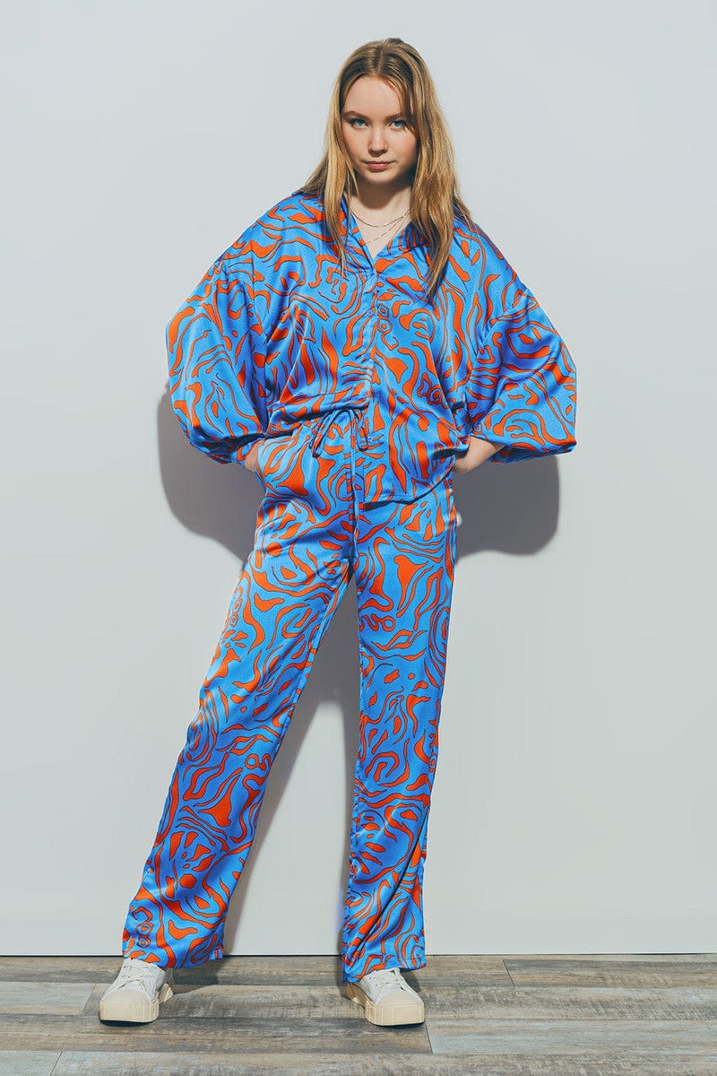 Q2 Shirts Satin Shirt with Balloon Sleeves in Blue