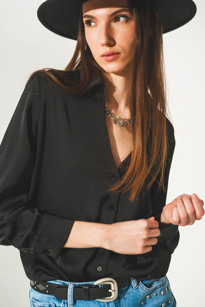 Q2 Shirts Satin shirt with v neck in black