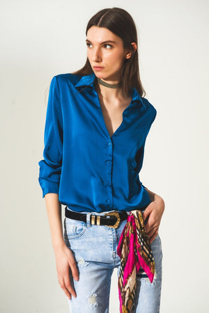 Q2 Shirts Satin shirt with v neck in electric blue