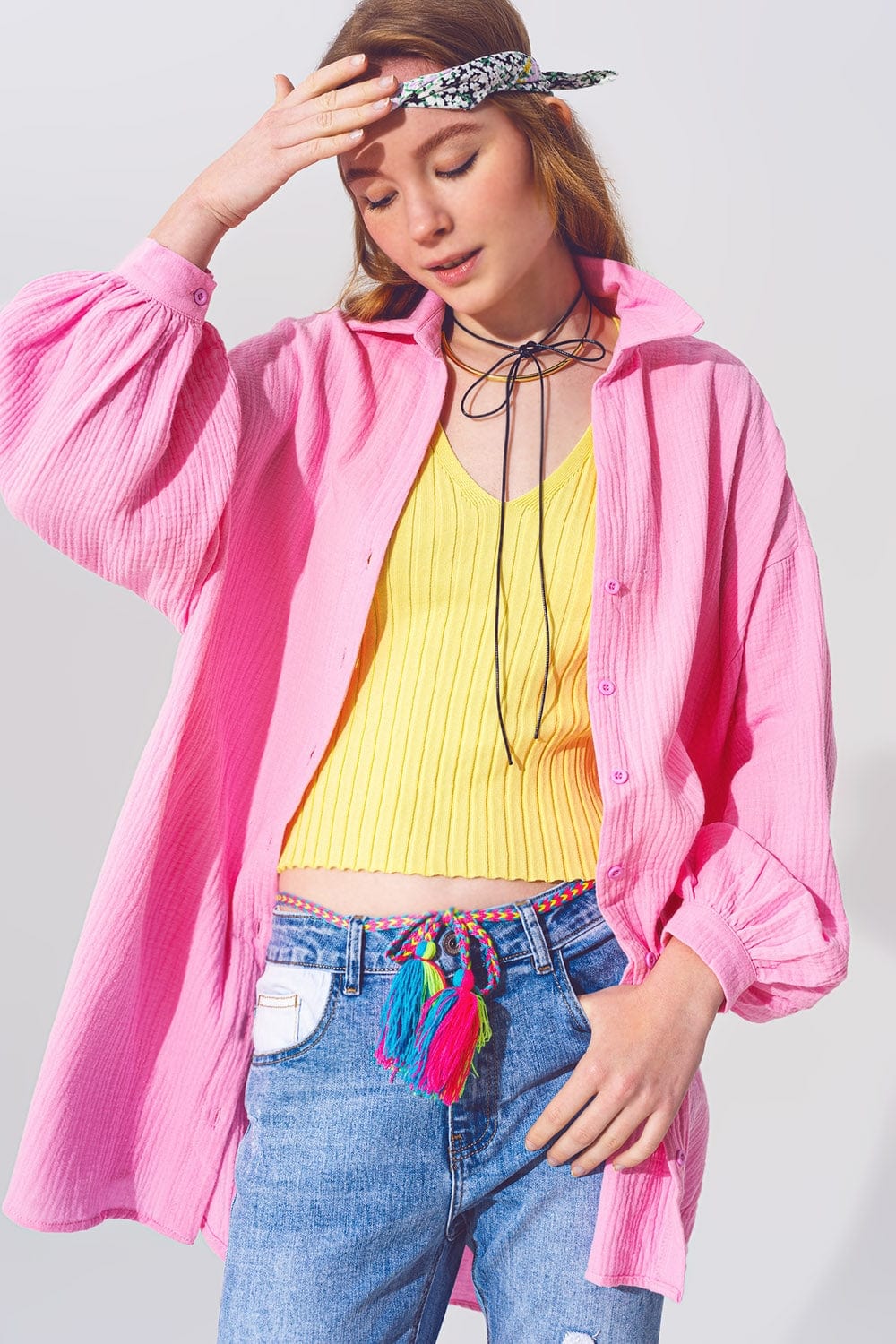 Q2 Shirts Textured Loose Fit Shirt in Pink
