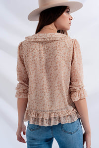 Q2 Shirts Tie front chiffon blouse in beige floral print