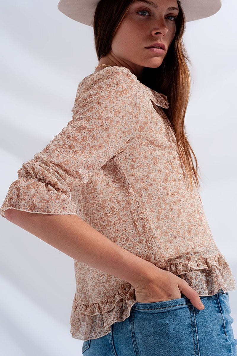 Q2 Shirts Tie front chiffon blouse in beige floral print