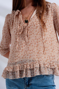 Q2 Shirts Tie front chiffon blouse in beige floral print