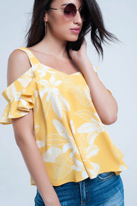 Q2 Shirts Yellow flower top and ruffles detail