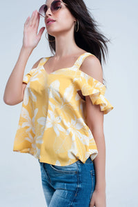 Q2 Shirts Yellow flower top and ruffles detail