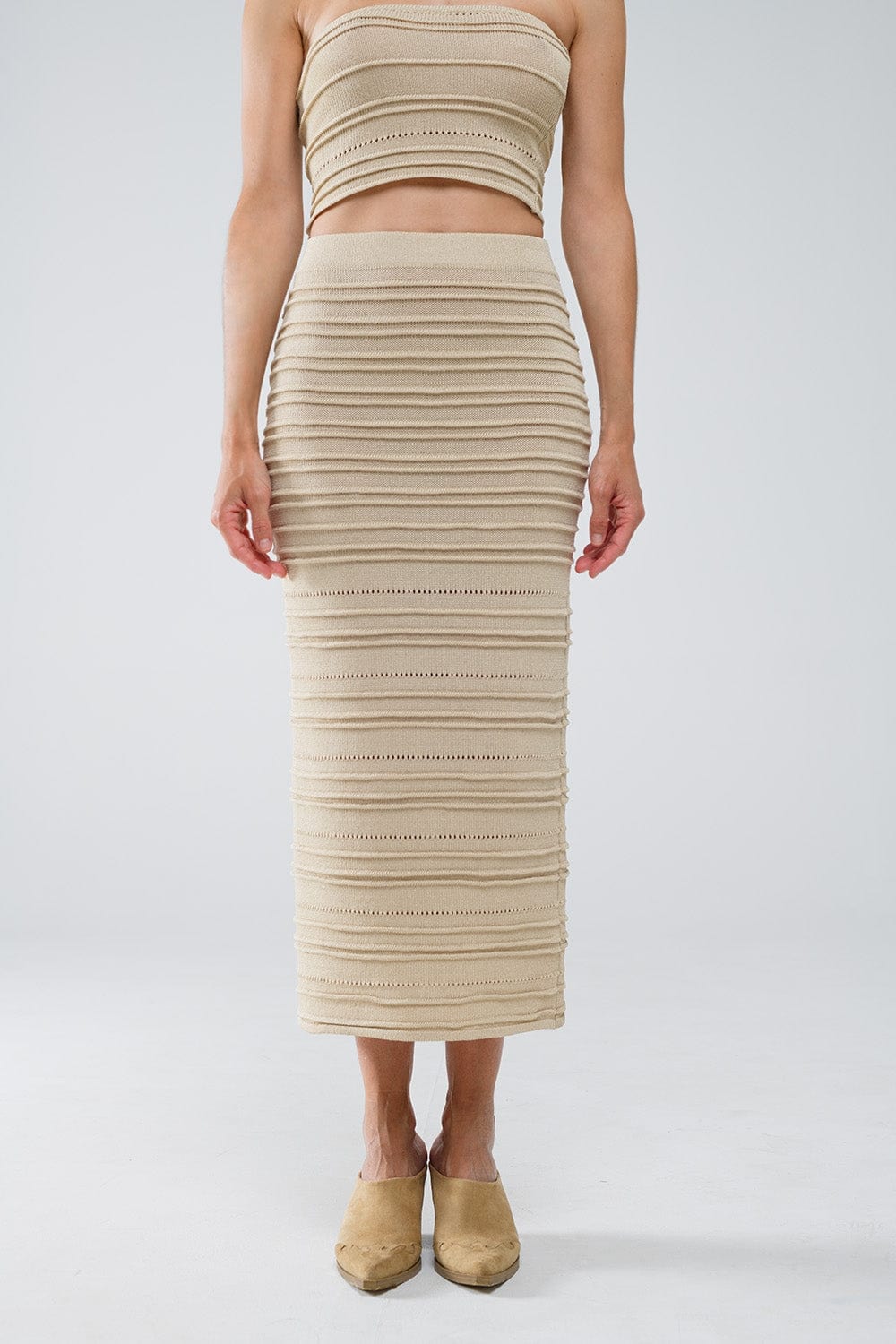 Q2 Skirts One Size / Beige Knitted Midi Pencil Skirt In Beige