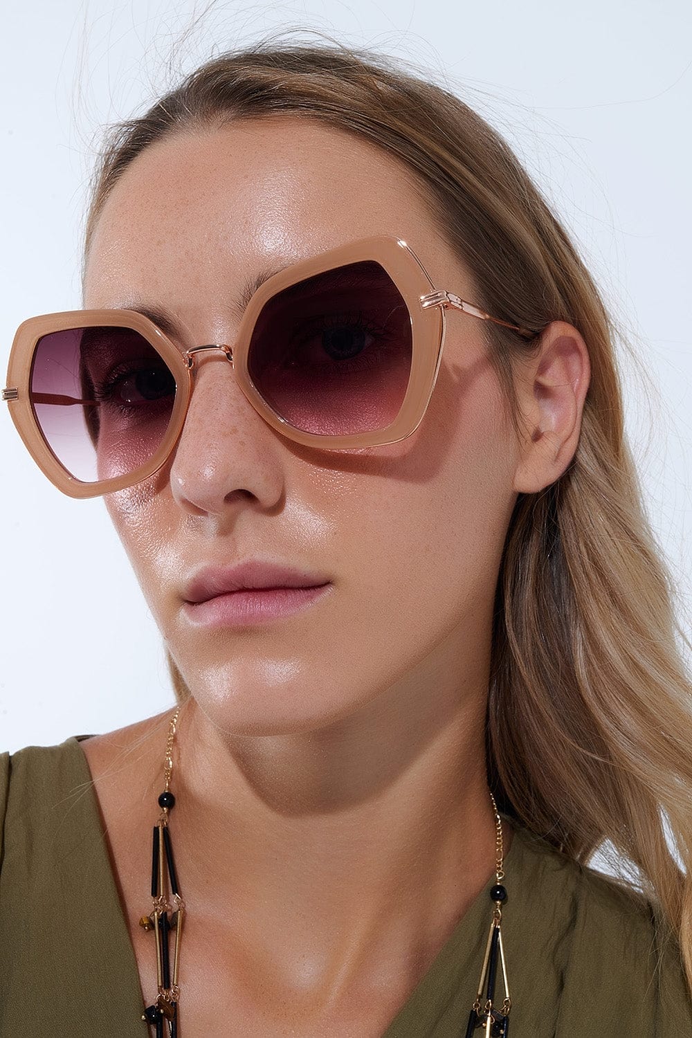 Q2 Sunglasses One Size / Beige Extra Large Hexagonal Cat Eye Sunglasses In Beige