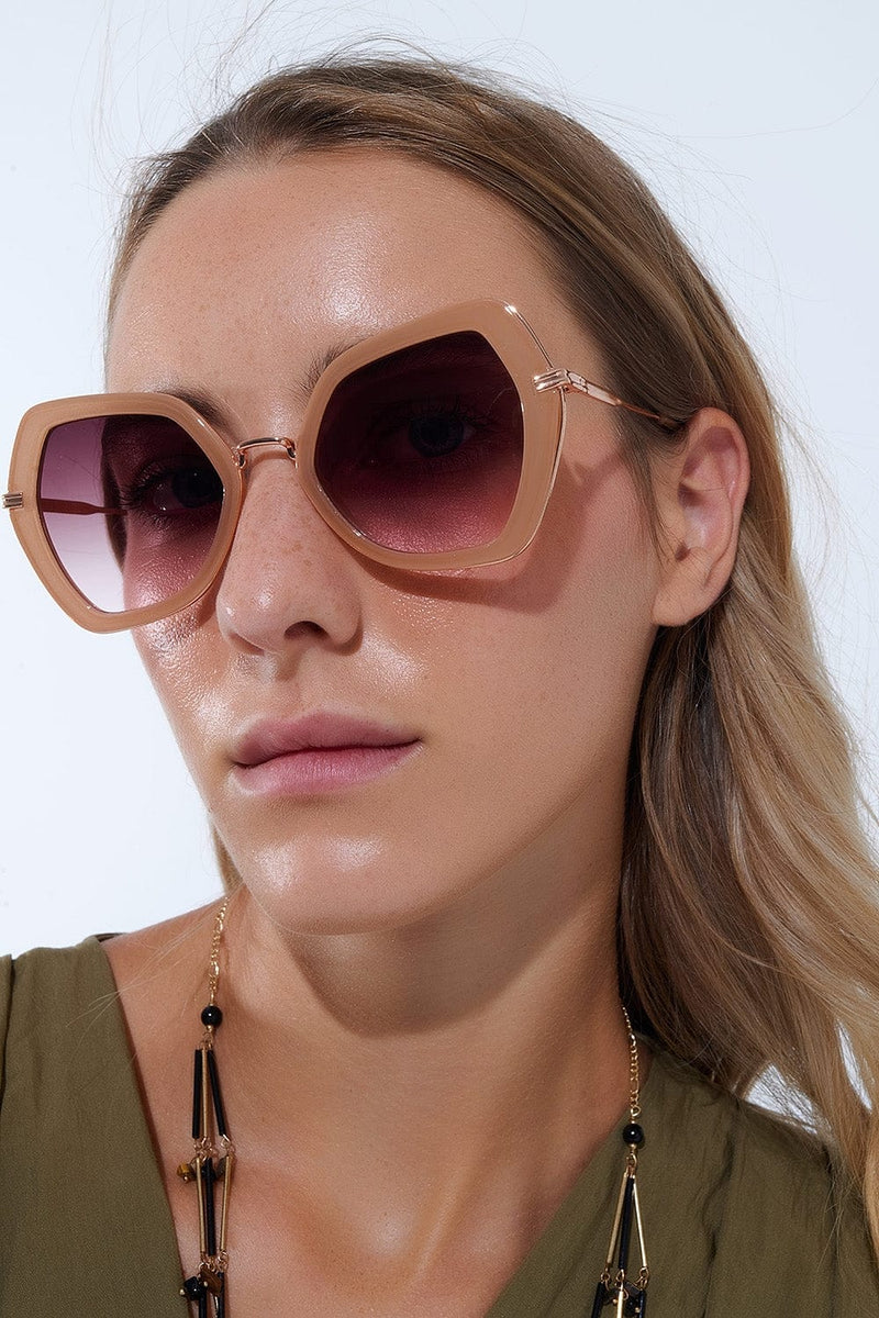Q2 Sunglasses One Size / Beige Extra Large Hexagonal Cat Eye Sunglasses In Beige