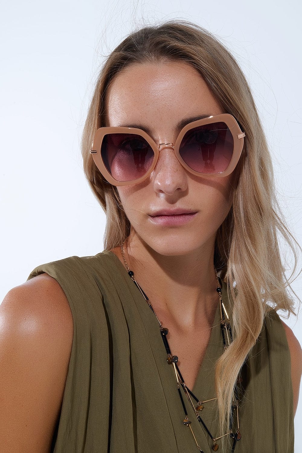 Q2 Sunglasses One Size / Beige Extra Large Hexagonal Cat Eye Sunglasses In Beige