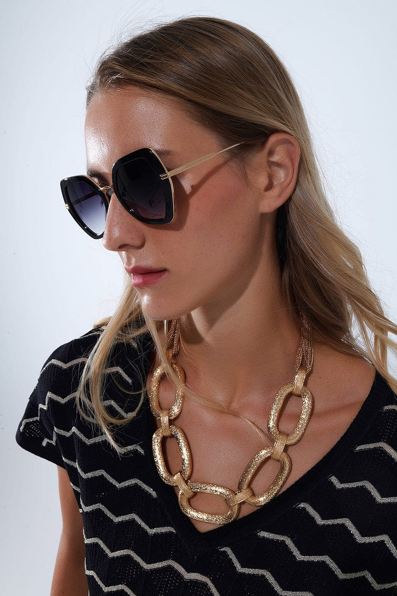 Q2 Sunglasses One Size / Black Extra Large Hexagonal Cat Eye Sunglasses In Black