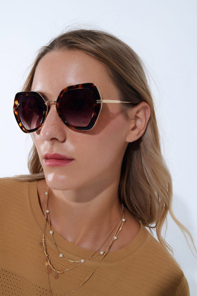 Q2 Sunglasses One Size / Brown Extra Large Hexagonal Cat Eye Sunglasses In Tortoiseshell