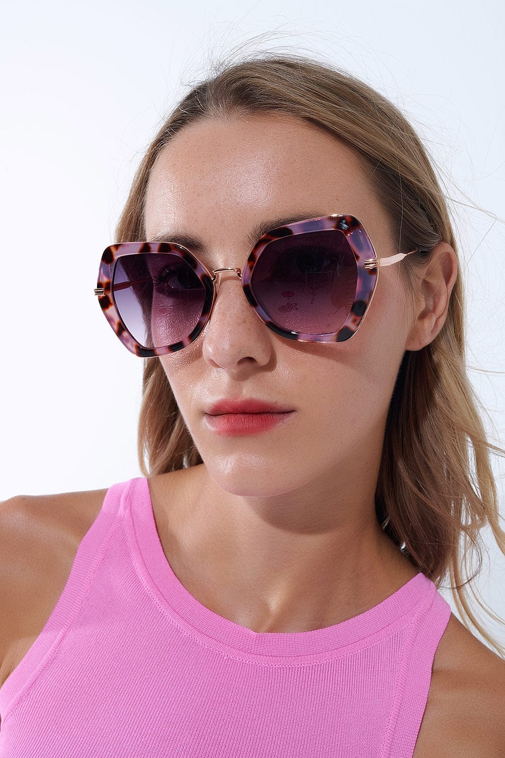 Q2 Sunglasses One Size / Pink Extra Large Hexagonal Cat Eye Sunglasses In Purple Tortoiseshell