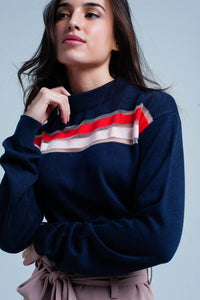 Q2 Sweaters Navy Fine Knitted Sweater with Transparent Stripe