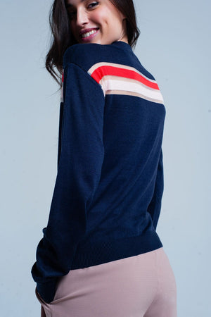 Q2 Sweaters Navy Fine Knitted Sweater with Transparent Stripe