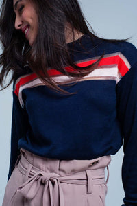 Q2 Sweaters Navy Fine Knitted Sweater with Transparent Stripe