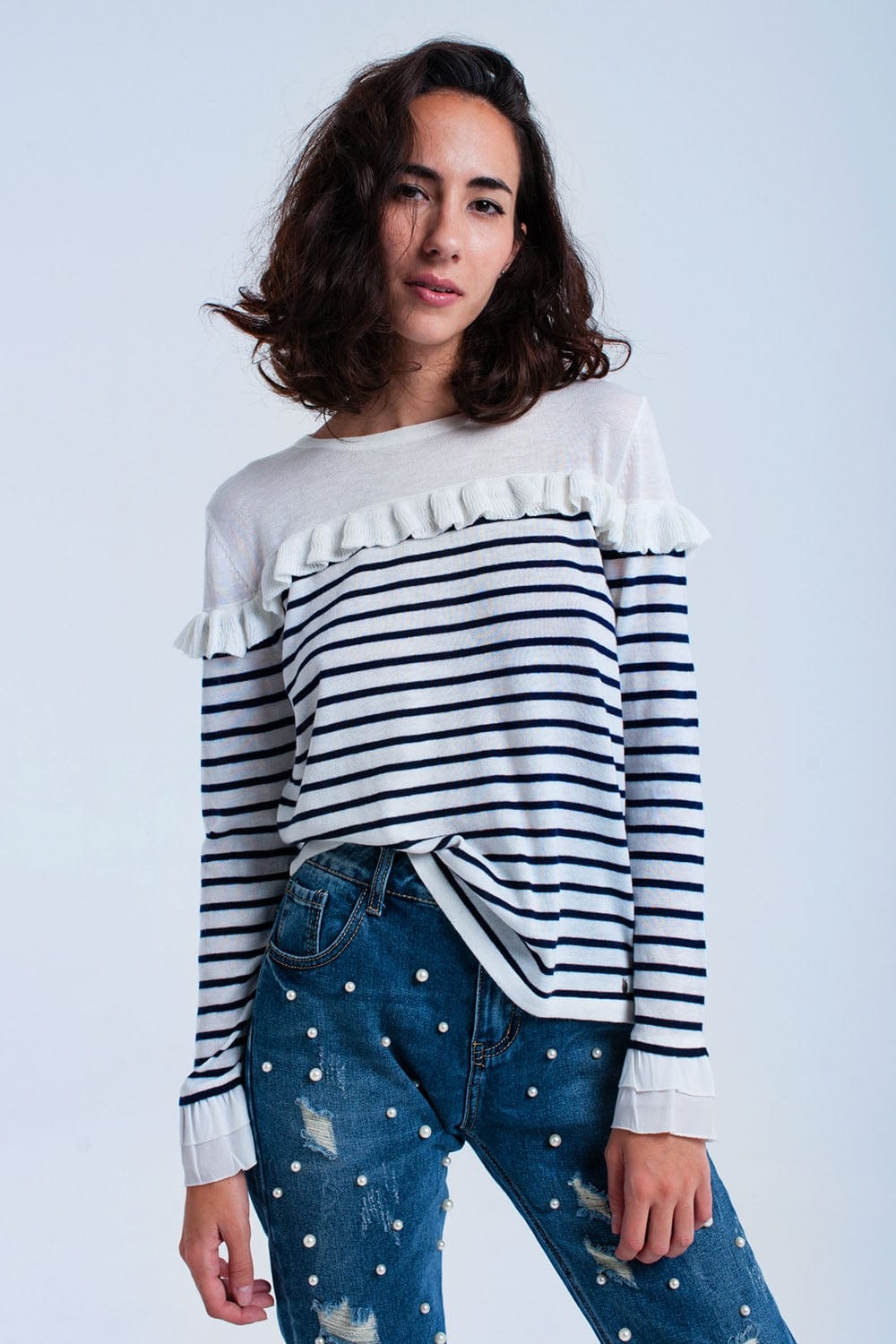 Q2 Sweaters Navy striped sweater with ruffles