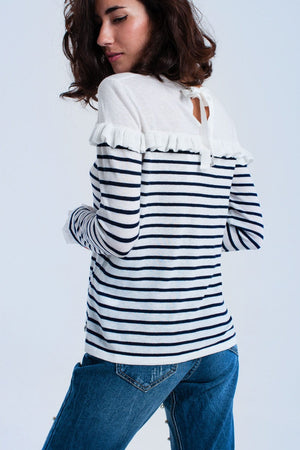 Q2 Sweaters Navy striped sweater with ruffles