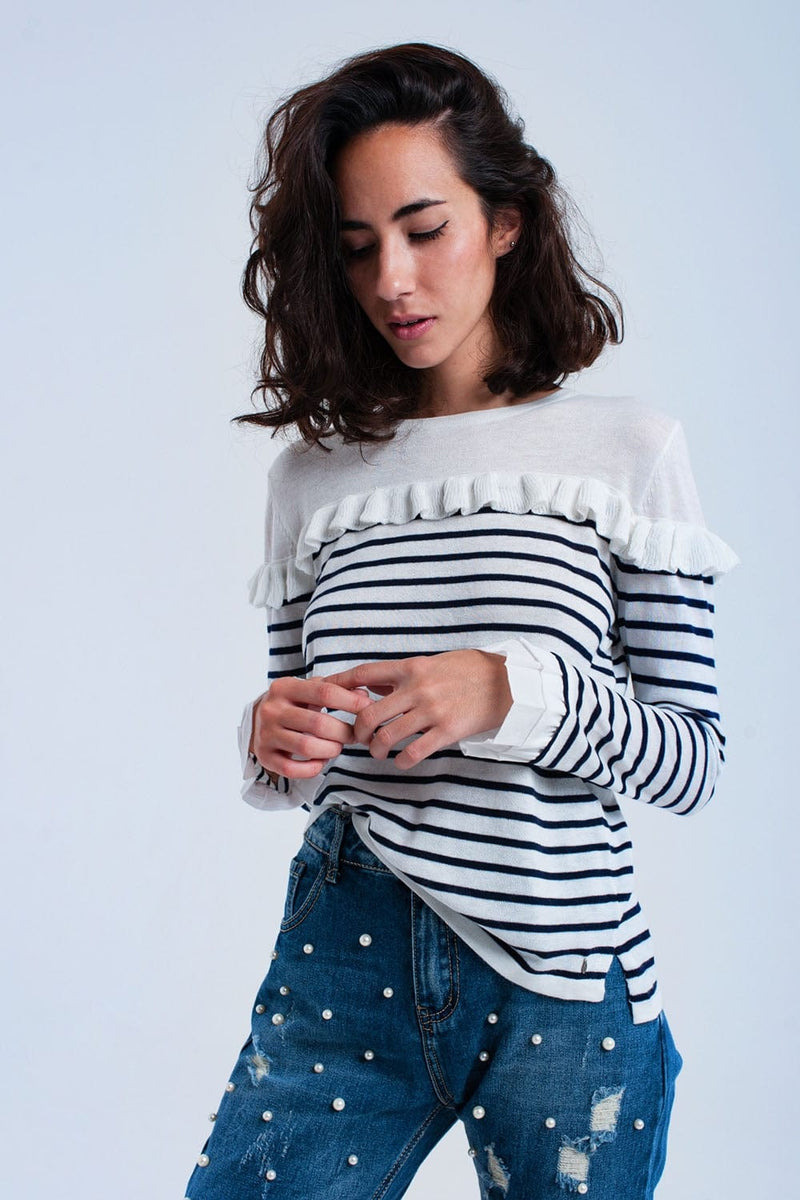 Q2 Sweaters Navy striped sweater with ruffles