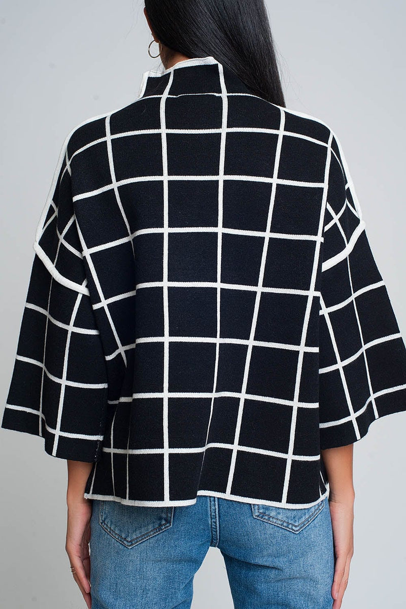 Q2 Sweaters One Size / Black / China Black sweater with chequered print in 3/4 sleeve and high neck