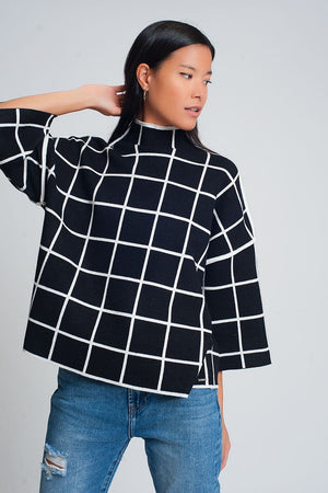 Q2 Sweaters One Size / Black / China Black sweater with chequered print in 3/4 sleeve and high neck