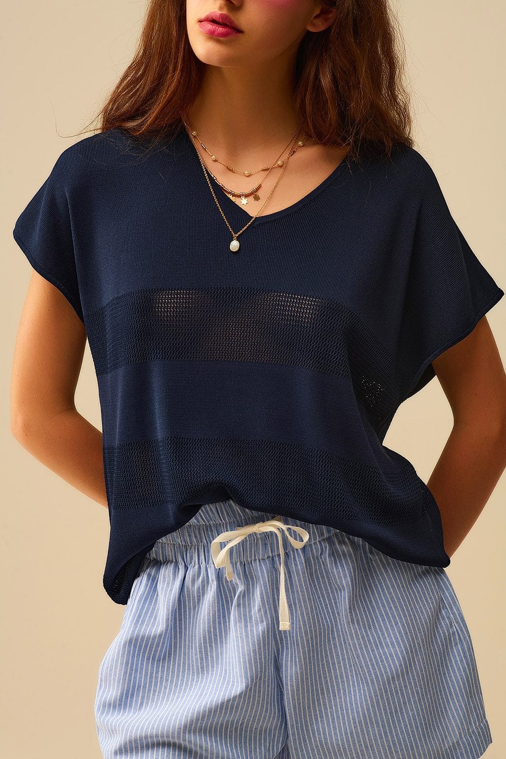 Q2 Sweaters One Size / Blue Navy Striped Texture Knit Sweater