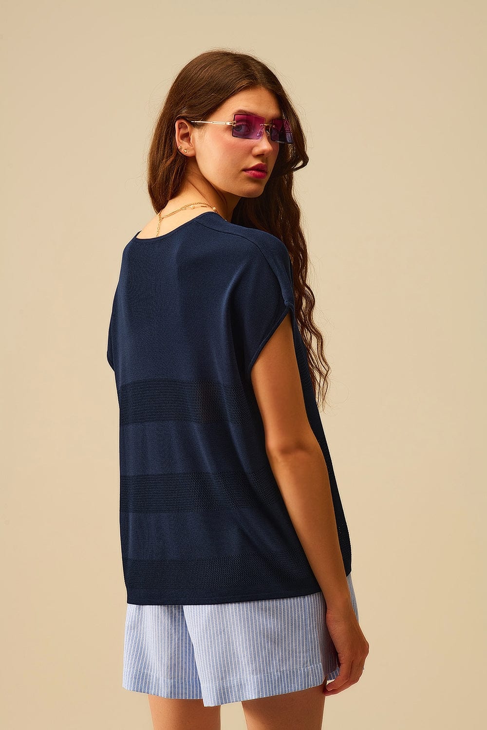 Q2 Sweaters One Size / Blue Navy Striped Texture Knit Sweater