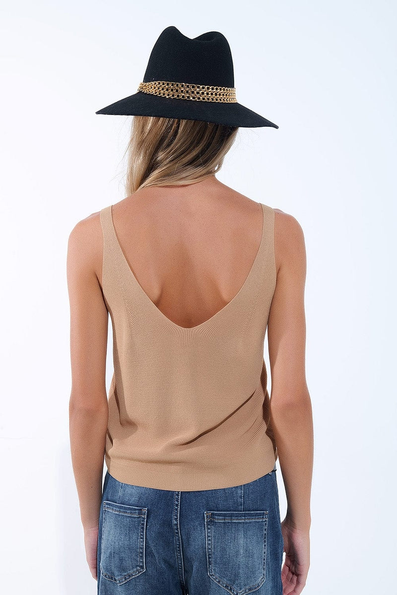Q2 Sweaters One Size / Brown Camel Knit Buttoned Crop Top