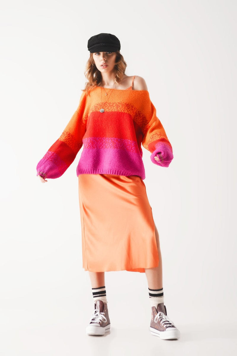 Q2 Sweaters One Size / Orange / China Orange knitted sweater with mélange stripes