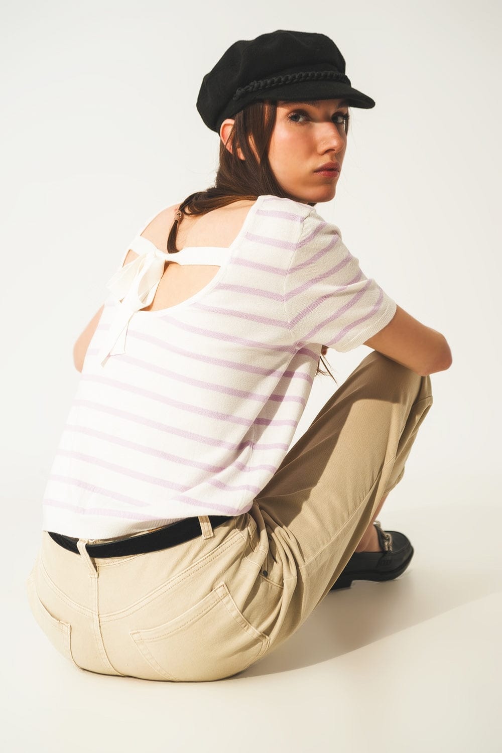 Q2 Sweaters Open back lace up stripes jumper in lilac