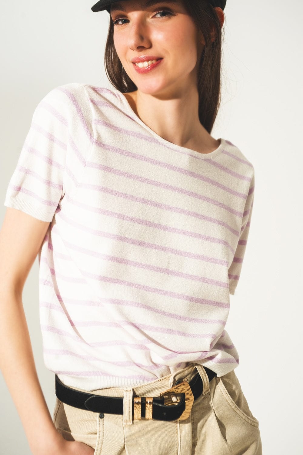 Q2 Sweaters Open back lace up stripes jumper in lilac