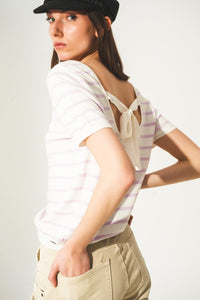 Q2 Sweaters Open back lace up stripes jumper in lilac