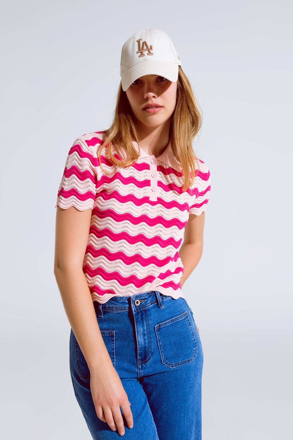 Q2 Sweaters Pink Polo With Fuchsia Wavy Stripes