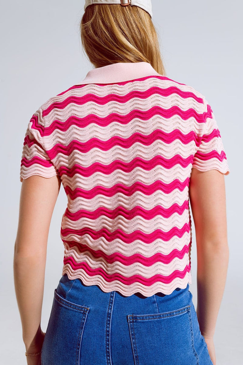 Q2 Sweaters Pink Polo With Fuchsia Wavy Stripes