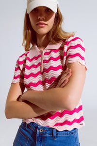Q2 Sweaters Pink Polo With Fuchsia Wavy Stripes